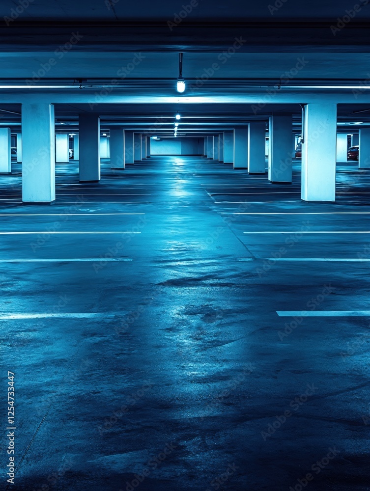 Poster empty parking garage at night with blue lighting and rows of columns and parking spaces