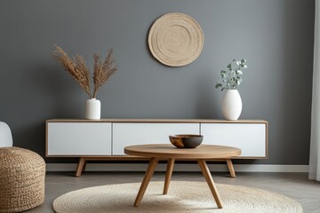 Modern living room, neutral decor, wooden furniture, wall art, calm background, interior design