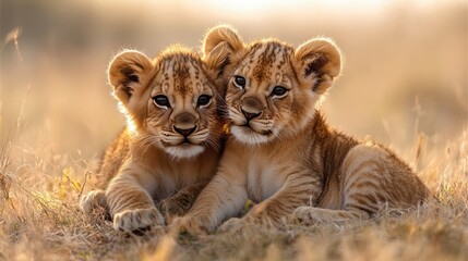 Two playful lion cubs cuddling in a sunlit savannah, surrounded by tall grass and soft sunlight