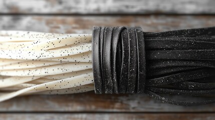 Close-up of black and white pasta bundles arranged neatly on a rustic wooden surface