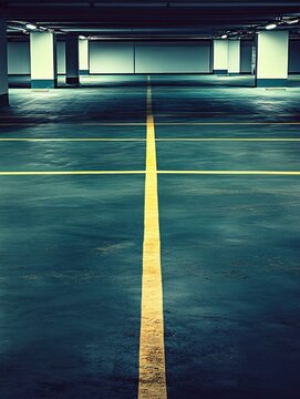 Empty parking garage with yellow lines and concrete columns in a dark moody atmosphere