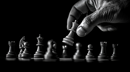 Strategic Move in Chess Game: Close-Up Hand Picking Piece from Chessboard in Black and White Imagery, Capturing Intensity and Focus of Tactical Competition