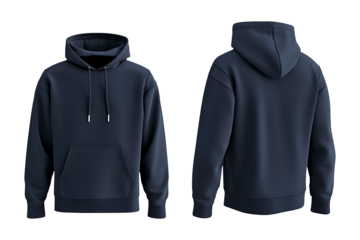 navy blue blank hoodie front and back view isolated on transparent background
