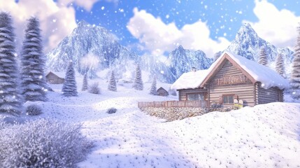 Naklejka premium Snowy Mountain Cabin Scene