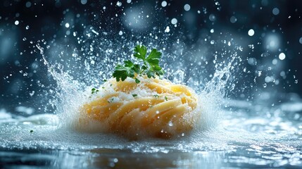 A vibrant splash of pasta with herbs in a dynamic water scene, capturing the essence of culinary art
