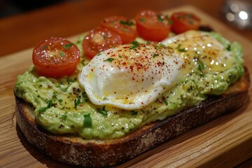Savoring delicious avocado toast with poached egg rustic kitchen cozy food photography close-up view culinary delight