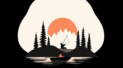 Fisherman casting line at sunset on serene lake surrounded by mountains and trees