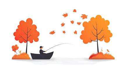 A serene autumn fishing scene with a person casting a line amidst falling leaves by the riverbank