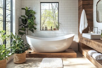 Fototapeta premium Elegant freestanding bathtub in a spain-inspired bathroom modern design tranquil atmosphere natural light