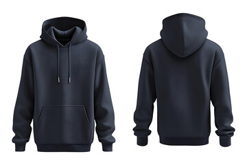 navy blue blank hoodie front and back view isolated on transparent background