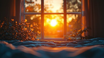 Serene sunrise view from a cozy bedroom window, with soft bedding and plants, creating a tranquil atmosphere