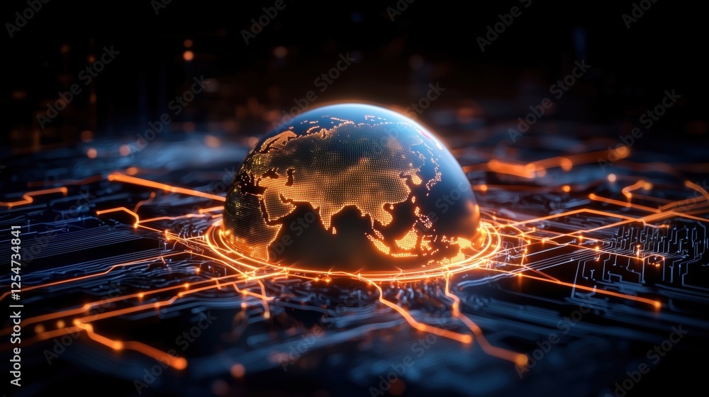 Poster digital globe surrounded by circuitry and electronic patterns, representing global connectivity and 