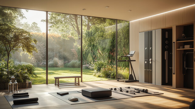 Modern home gym with garden view and exercise equipment
