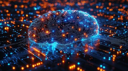 Futuristic digital brain surrounded by glowing circuits and data streams in a tech-inspired environment