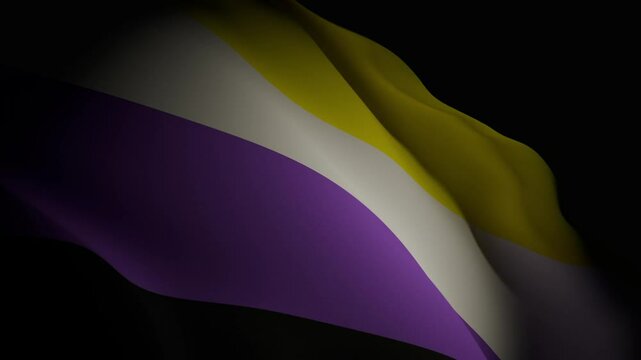 A closeup, spotlight-lit realistic 3D animation of the nonbinary pride flag, showcasing its vibrant colors and smooth, flowing motion.
