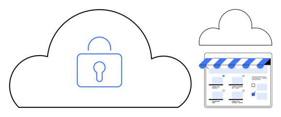 Cloud with a padlock symbol represents security next to it, an online storefront interface. Ideal for cybersecurity, cloud storage, online transactions, e-commerce, data protection, privacy, secure