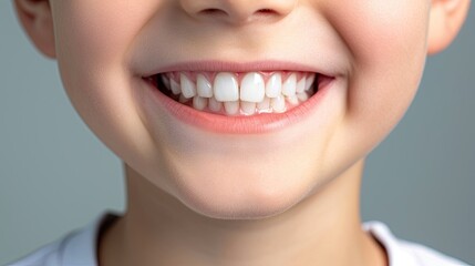 Cropped image of smiling boy with white teeth isolated on grey background. Dentis concept. Ai generative.