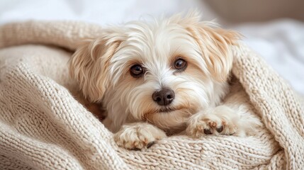 A small, fluffy dog with light fur peeks out from under a cozy, knitted blanket, exuding warmth and comfort.