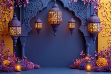 Ramadan Lanterns On Vibrant Floral Background