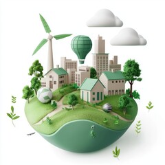 Eco-Friendly Urban Landscape with Wind Turbine, Balloon, and Green Spaces Representing Sustainable Living and Environment