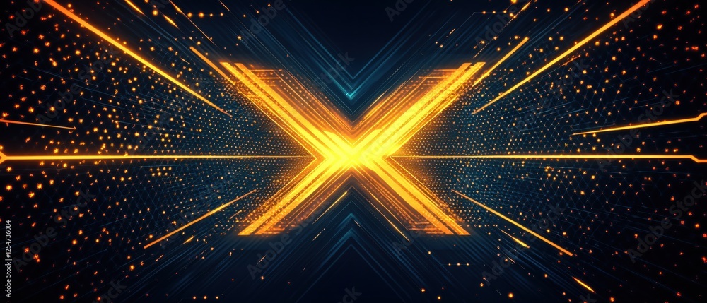 Poster abstract glowing geometric structure with orange lines and dots on a dark blue background