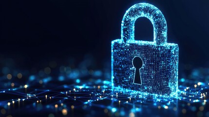 Glowing digital padlock representing cybersecurity, surrounded by a network of data connections