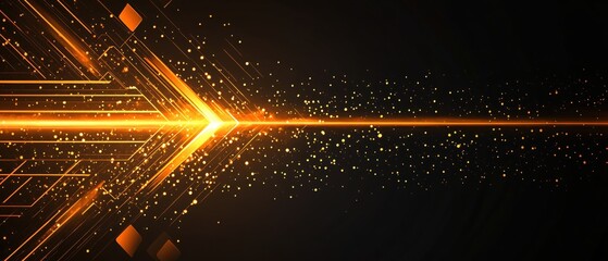 Glowing lines and particles on dark background abstract tech design with bright arrow shape
