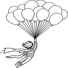 vector illustration of a A cheerful boy soaring through the sky, holding a slack balloon string in his hand. 