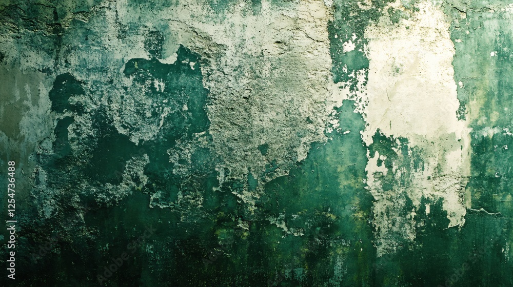 Poster textured surface with peeling paint in shades of green and white creating an abstract pattern
