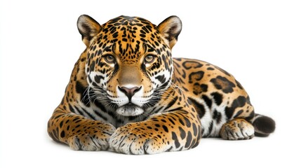 Fototapeta premium A majestic jaguar in a front-facing pose, showcasing its powerful stance, striking spots, and intense gaze, isolated on a white background