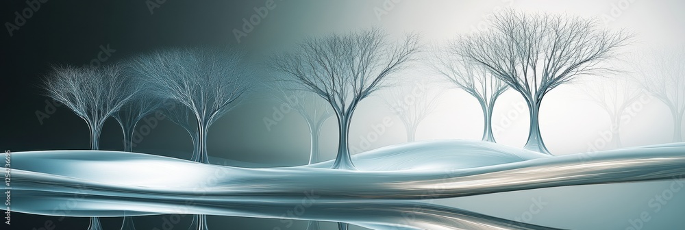 Poster glowing reflections in an abstract glass forest with ethereal tree shapes during twilight. generativ
