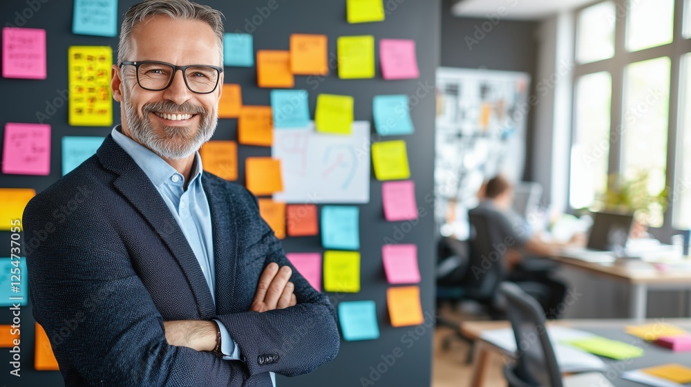 Poster professional man with glasses smiling in office surrounded by colorful sticky notes and colleagues i