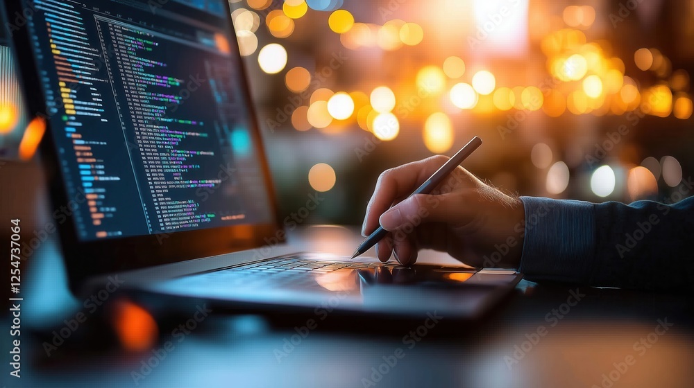 Poster creative programmer writing code on laptop with a stylus in a cozy and illuminated workspace during 