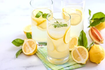 Three glasses of lemonade with lemon slices on a table