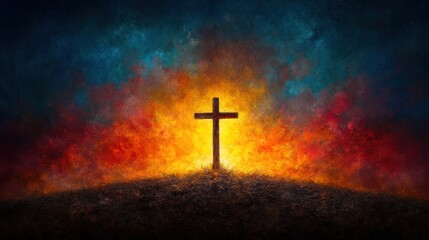 Ascension Day Cross on Autumn Meadow at Sunrise