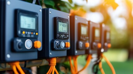 Multiple digital irrigation controllers mounted on a panel outside, showcasing technology for effective water management in gardening and landscaping