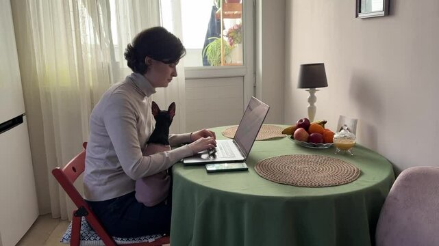 
Almaty, Kazakhstan - 02.02.2025 : A woman is sitting at her laptop, with her dog, in the kitchen. Work from home.