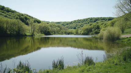 Tranquil lake reflecting serene sky and lush greenery peaceful nature scene