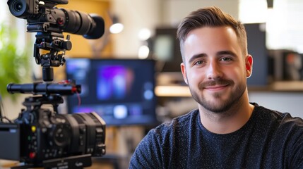 Young male filmmaker in studio with video camera equipment and smiling expression, working on creative project in modern workspace, focusing on production techniques and storytelling