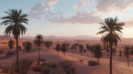 Obraz premium Serene desert oasis at sunset palm trees silhouetted against tranquil sky. feeling of peace and solitude