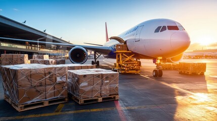 Air Cargo Transportation at Sunset with Airplane and Cargo Pallets at Airport Loading Area