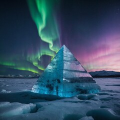 A massive crystalline pyramid made of ice, standing alone in a frozen tundra. The Northern Lights dance across the sky, reflecting off the icy surface with a magical glow.