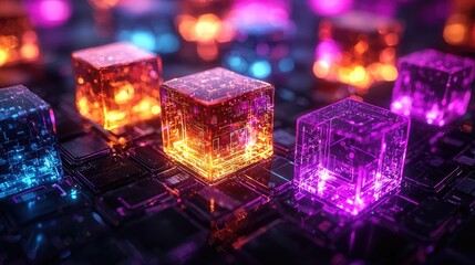 Vibrant illuminated cubes on a digital circuit board, showcasing technology and innovation