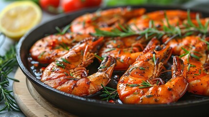 Freshly cooked tiger prawns with vegetables 