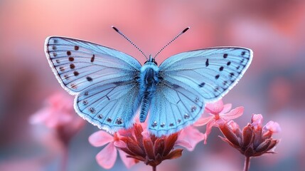 A vibrant blue butterfly perched on delicate pink flowers in a serene garden setting