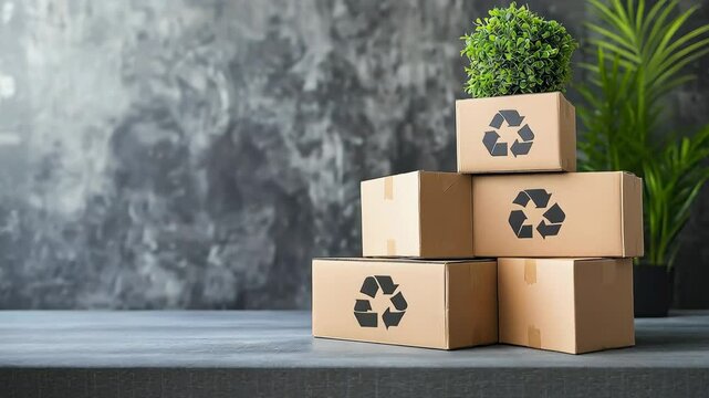 Stacked cardboard boxes and paper waste for reprocessing or upcycling. Concept of recycling, cardboard boxes, paper waste, sustainable living	
