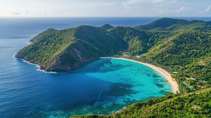 Obraz premium Serene tropical island turquoise water idyllic beach lush greenery peaceful paradise breathtaking view