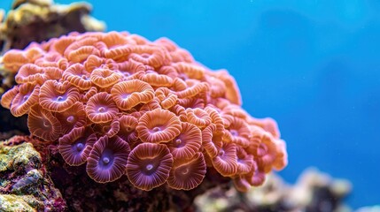 Obraz premium Ocean conservation microscopic concept. Vibrant pink coral thriving in a clear underwater environment, showcasing marine life beauty.