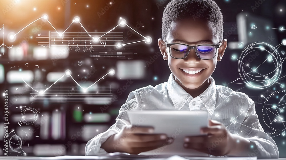 Aufkleber ai in education concept. smiling boy using a tablet with digital graphics around him.