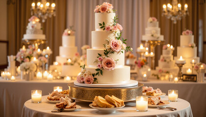 Elegant wedding cake display with floral accents in celebratory setting